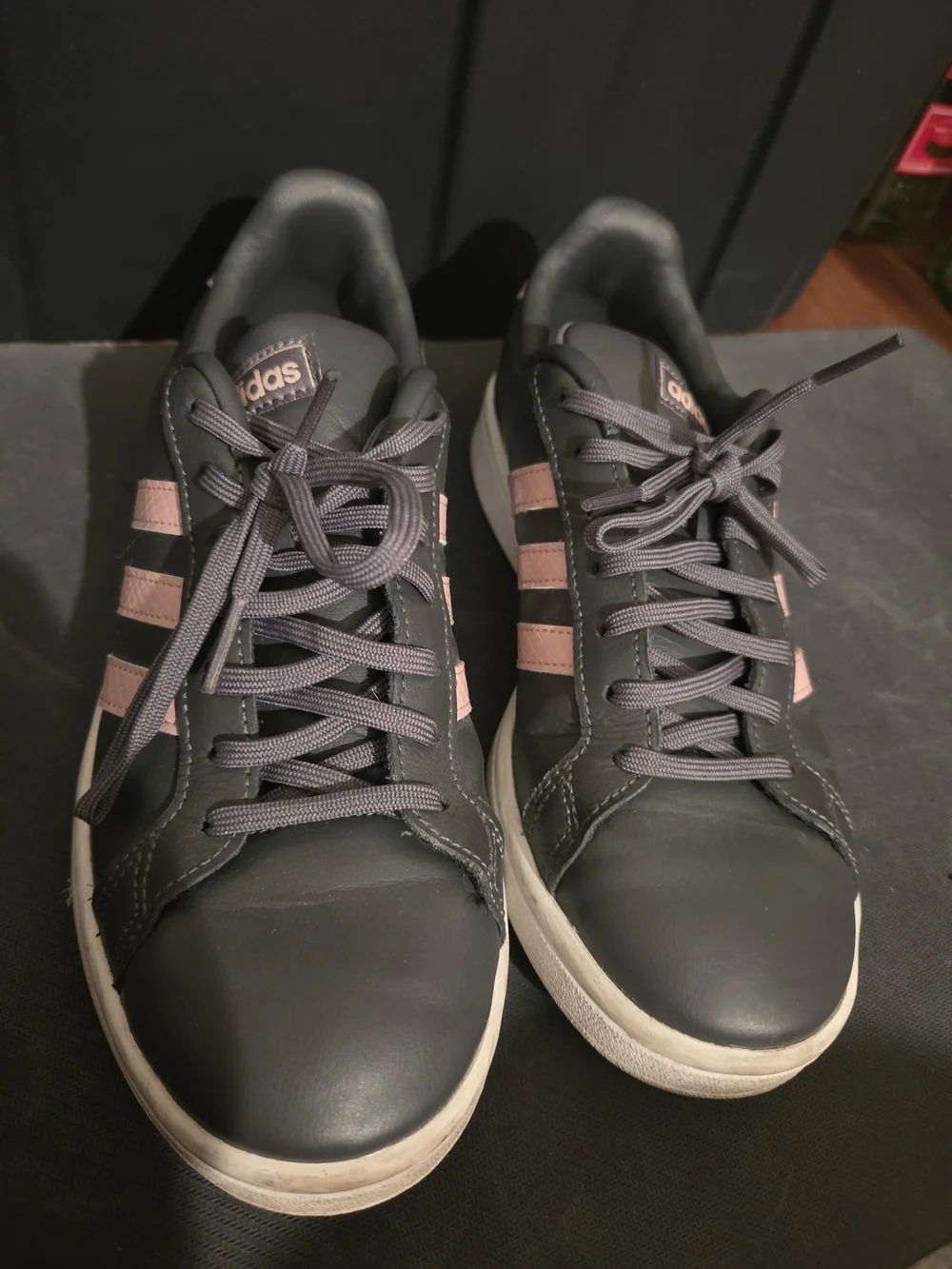 adidas Women's Dark Gray Sneakers with Light Pink Stripes